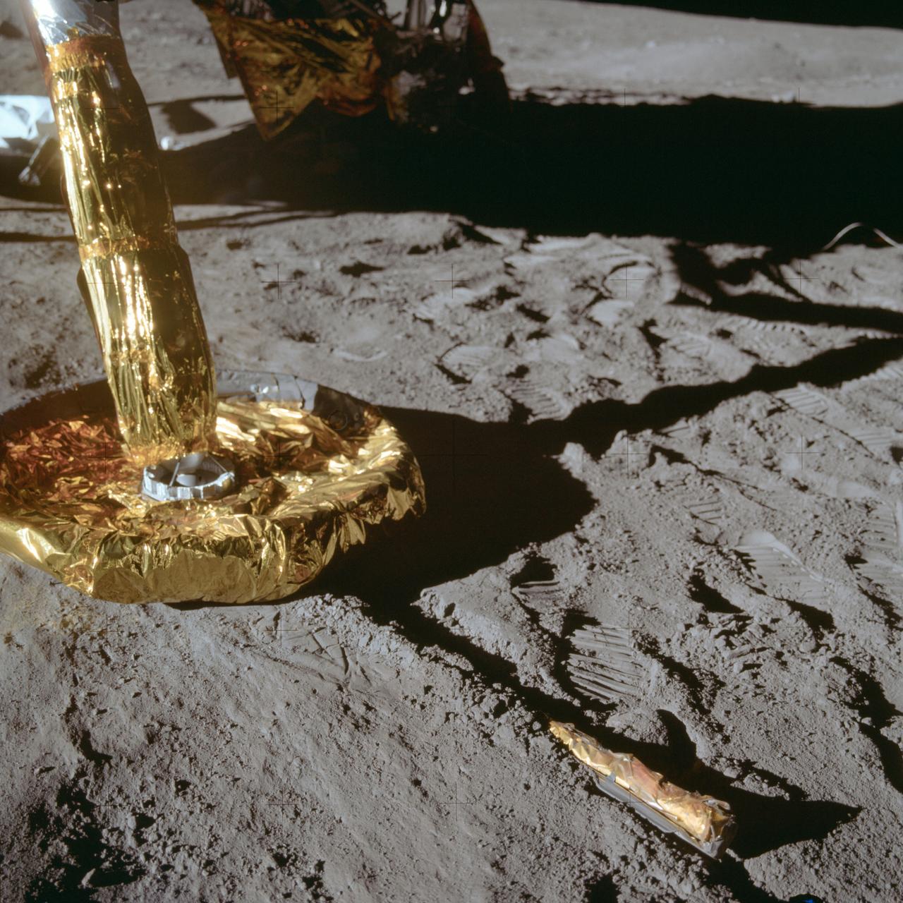 A close-up view of a footpad of the Apollo 11 Lunar Module as it rested on the surface of the Moon. The stick-like protruding object is a lunar surface sensing probe. This photograph was take with a 70mm lunar surface camera during the extravehicular activity of Astronauts Neil Armstrong and Edwin Aldrin on July 20, 1969.