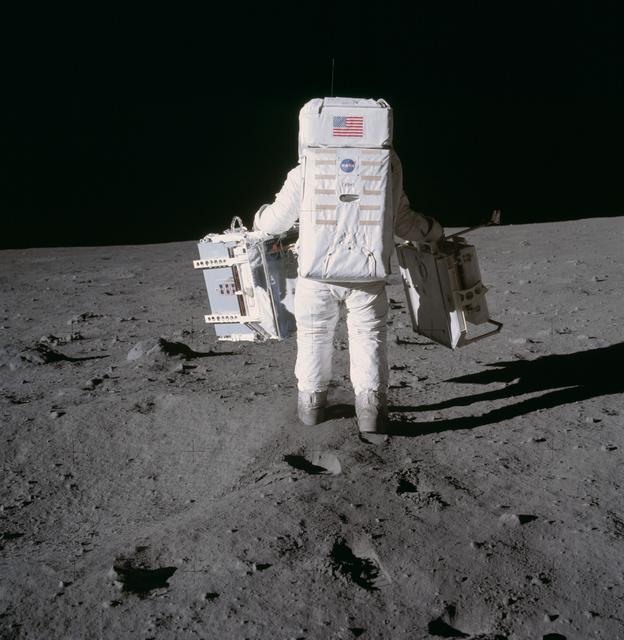 NASA image: Astronaut Edwin Aldrin prepares to deploy EASEP on surface of moon