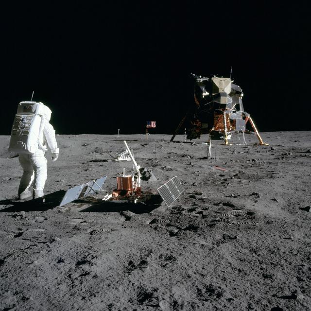 NASA image: Astronaut Edwin Aldrin after deployment of EASEP on surface of moon