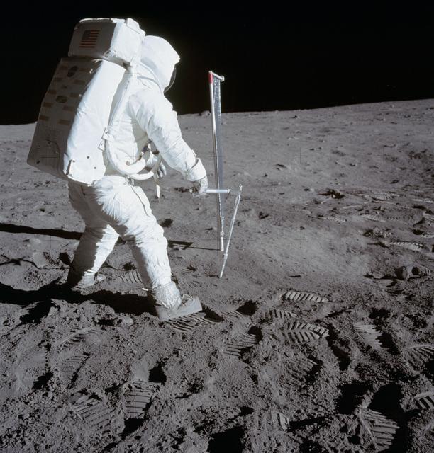 NASA image: Astronaut Edwin Aldrin deploying Solar Wind Composition experiment