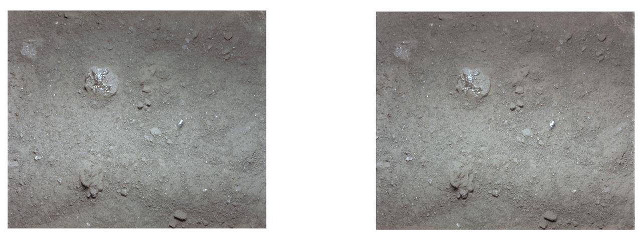 AS11-45-6704 (20 July 1969) --- An Apollo stereo view showing a close-up of a small lump of lunar surface powder about a half inch across, with a splash of a glassy material over it. It seems that a drop of molten material fell on it, splashed and froze. The exposure was made by the Apollo 11 35mm stereo close-up camera. The camera was specially developed to get the highest possible resolution of a small area. A three-inch square area is photographed with a flash illumination and at a fixed distance. The camera is mounted on a walking stick, and the astronauts use it by holding it up against the object to be photographed and pulling the trigger. The pictures are in color and give a stereo view, enabling the fine detail to be seen very clearly. The project is under the direction of Professor T. Gold of Cornell University and Dr. F. Pearce of NASA. The camera was designed and built by Eastman Kodak. Professor E. Purcell of Harvard University and Dr. E. Land of the Polaroid Corporation have contributed to the project. The pictures brought back from the moon by the Apollo 11 crew are of excellent quality and allow fine detail of the undisturbed lunar surface to be seen. Scientists hope to be able to deduce from them some of the processes that have taken place that have shaped and modified the surface.