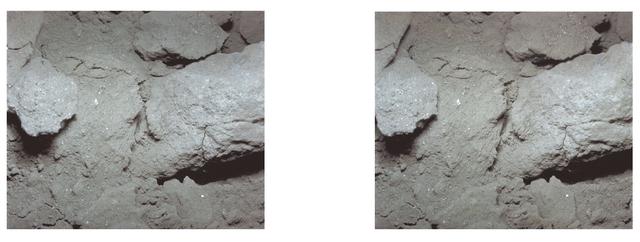 NASA image: Apollo 11 stereo view showing lump of surface powder with colored material