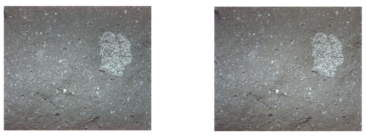 AS11-45-6709 (20 July 1969) --- An Apollo 11 stereo view of the surface of a lunar rock showing an embedded three-fourths inch fragment of a different color. On the surface several small pits are seen; mostly less than one-eighth inch in size, and with a glazed surface. They have a raised rim, characteristic of pits made by high-velocity micro meteorite impacts. The exposure was made by the Apollo 11 35mm stereo close-up camera. The camera was specially developed to get the highest possible resolution of a small area. A three-inch square area is photographed with a flash illumination and at a fixed distance. The camera is mounted on a walking stick, and the astronauts use it by holding it up against the object to be photographed and pulling the trigger. The pictures are in color and give a stereo view, enabling the fine detail to be seen very clearly. The project is under the direction of Professor T. Gold of Cornell University and Mr. F. Pearce of NASA. The camera was designed and built by Eastman Kodak. Professor E. Purcell of Harvard University and Dr. E. Land of the Polaroid Corporation have contributed to the project. The pictures brought back from the moon by the Apollo 11 crew are of excellent quality and allow fine detail of the undisturbed lunar surface to be seen. Scientists hope to be able to deduce from them some of the processes that have taken place that have shaped and modified the surface.