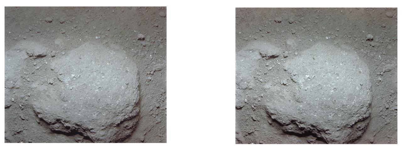 AS11-45-6712 (20 July 1969) --- An Apollo 11 stereo view of a stone, about two and one-half inches long, embedded in the powdery lunar surface material. The little pieces closely around it suggest that it has suffered some erosion. On the surface several small pits are seen, mostly less than one-eighth inch in size, and with a glazed surface. They have a raised rim, characteristic of pits made by the Apollo 11 35mm stereo close-up camera. The camera was specially developed to get the highest possible resolution of a small area. A three-inch square area is photographed with a flash illumination and at a fixed distance. The camera is mounted on a walking stick, and the astronauts use it by holding it up against the object to be photographed and pulling the trigger. The pictures are in color and give a stereo view, enabling the fine detail to be seen very clearly. The project is under the direction of Professor T. Gold of Cornell University and Mr. F. Pearce of NASA. The camera was designed and built by Eastman Kodak. Professor E. Purcell of Harvard University and Dr. E. Land of the Polaroid Corporation have contributed to the project. The pictures brought back from the moon by the Apollo 11 crew are of excellent quality and allow fine detail of the undisturbed lunar surface to be seen. Scientists hope to be able to deduce from them some of the processes that have taken place that have shaped and modified the surface.