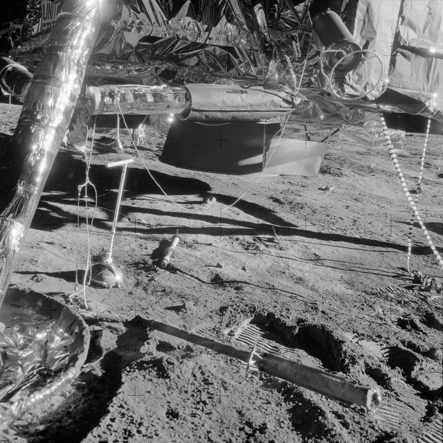 NASA image: Apollo 12 Mission image - Modular Equipment Stowage Assemble (MESA) and the Fuel Cask on the Lunar Module (LM) 