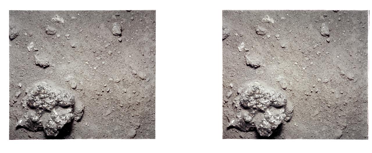 AS12-57-8452 (19-20 Nov. 1969) --- An Apollo 12 stereo view showing a three-inch square of the lunar surface. The exposure was made with an Apollo 35mm stereo close-up camera during extravehicular activity of the Apollo 12 lunar landing mission. The camera was developed to get the highest possible resolution of a small area. The three-inch square is photographed with a flash illumination and at a fixed distance. The camera is mounted on a walking stick, and the astronauts use it by holding it up against the object to be photographed and pulling the trigger. Astronauts Charles Conrad Jr., commander, and Alan L. Bean, lunar module pilot, descended in the Apollo 12 Lunar Module to explore the moon while astronaut Richard F. Gordon Jr. remained with the Command and Service Modules in lunar orbit in the capacity of command module pilot.