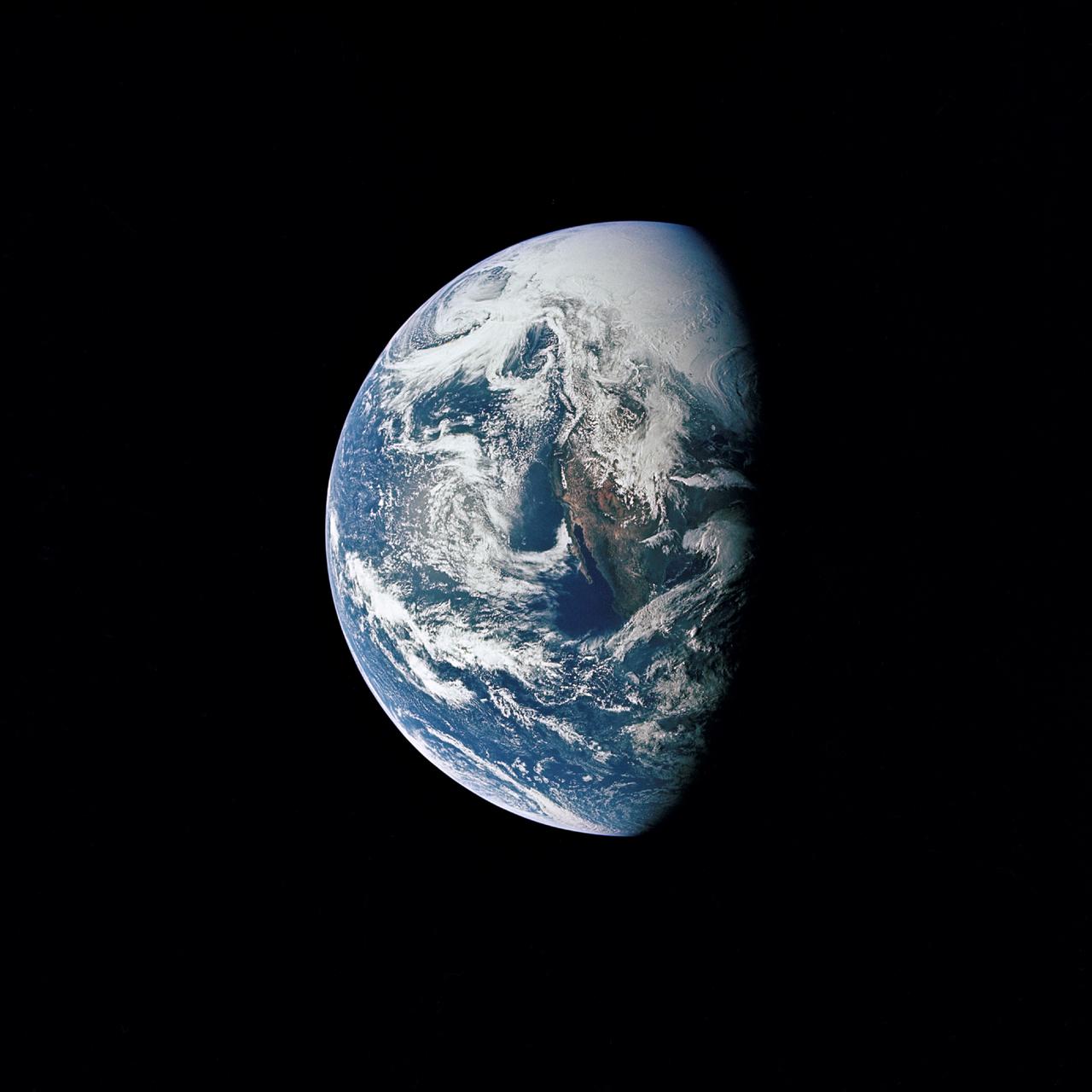 AS13-60-8588 (17 April 1970) --- This photograph of Earth was taken from the National Aeronautics and Space Administration's (NASA) Apollo 13 spacecraft during its trans-Earth journey home. The most visible land mass includes southwestern United States and northwestern Mexico. The peninsula of Baja California is clearly seen. Most of the land area is under heavy cloud cover. The Apollo 13 crew consisted of astronauts James A. Lovell Jr., commander; John L. Swigert Jr., command module pilot; and Fred W. Haise Jr., lunar module pilot.