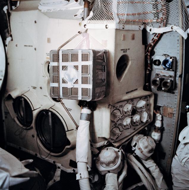 NASA image: Interior view of "mail box" for purging carbon dioxide from Lunar Module