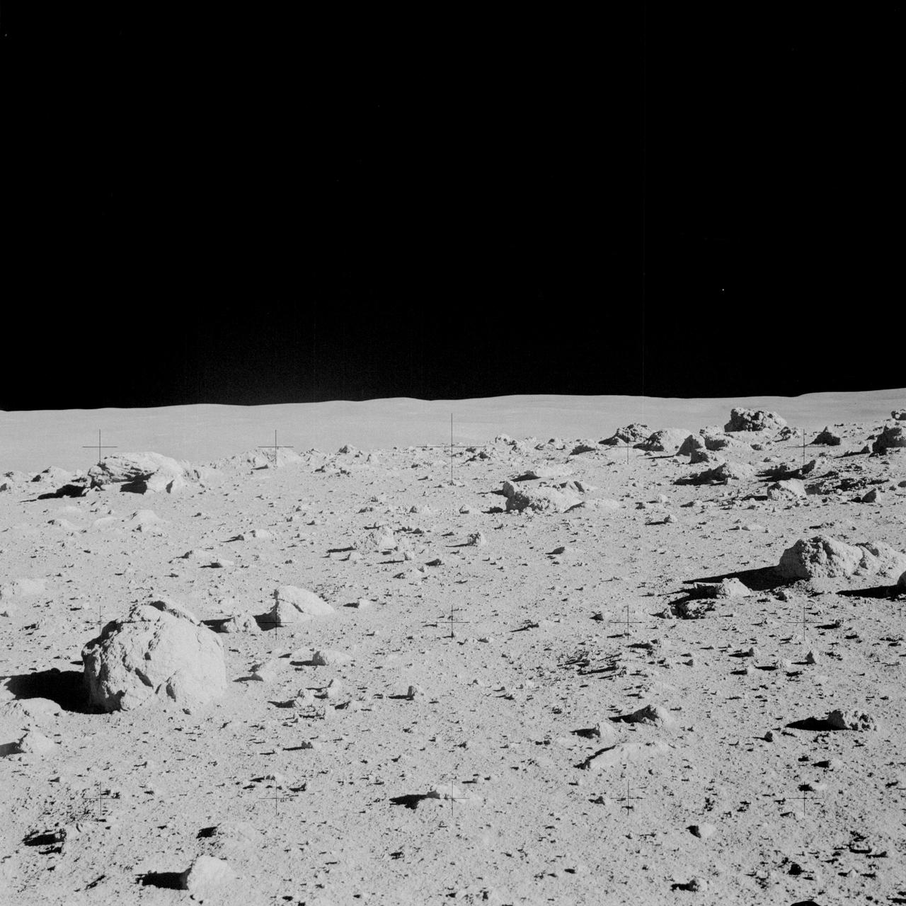 AS14-64-9103 (6 Feb. 1971) --- Astronaut Alan B. Shepard Jr., commander, photographed this overall view of a field of boulders on the flank of Cone Crater during the second extravehicular activity (EVA) on the lunar surface. Astronaut Edgar D. Mitchell, lunar module pilot, joined Shepard in exploring the moon, while astronaut Stuart A. Roosa, command module pilot, remained with the Command and Service Modules (CSM) in lunar orbit.