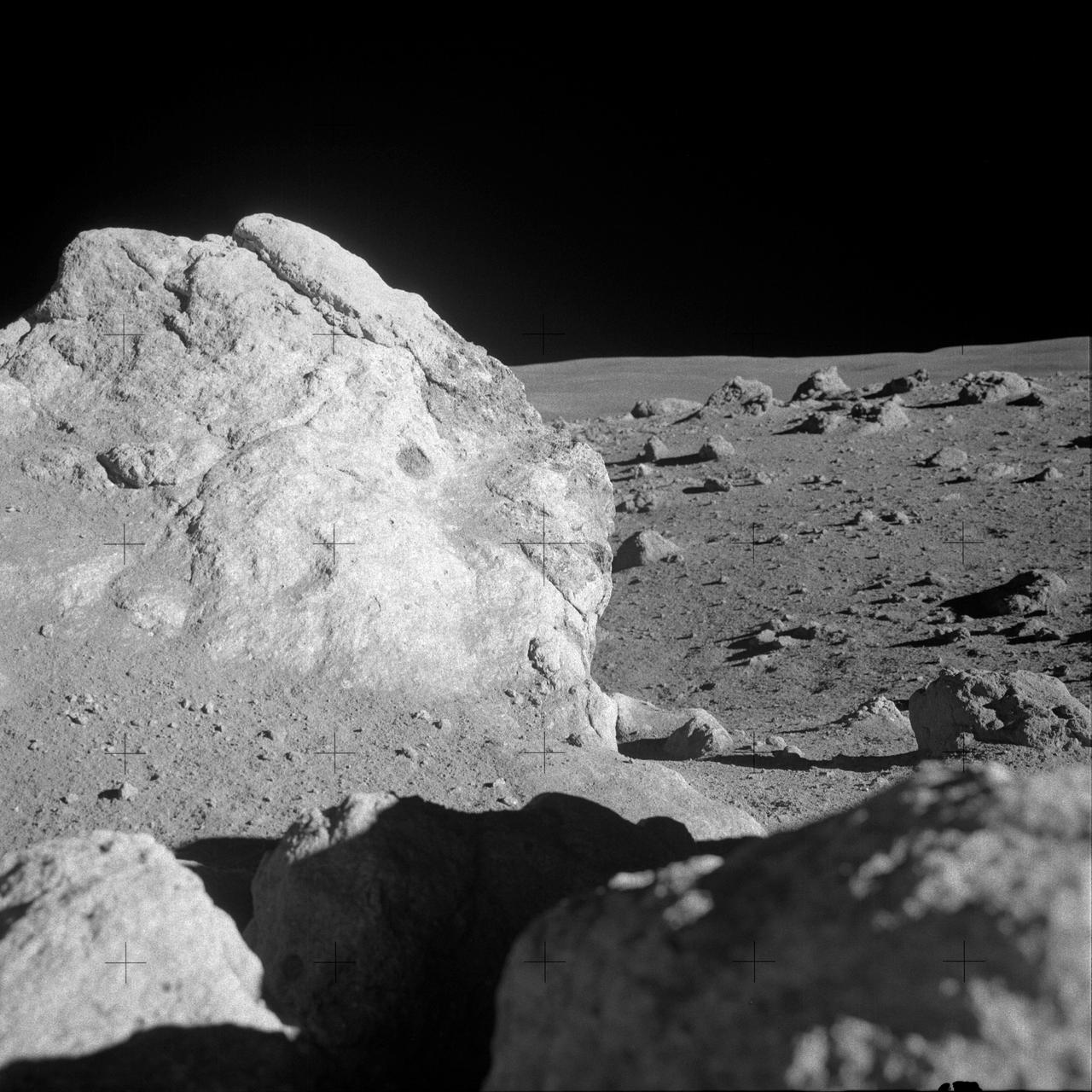 AS14-68-9451 (6 Feb. 1971) --- A close-up view of a large boulder in a field of boulders near the rim of Cone Crater, which was photographed by the Apollo 14 moon-explorers during the mission's second extravehicular activity (EVA). Astronauts Alan B. Shepard Jr., commander, and Edgar D. Mitchell, lunar module pilot, descended in the Apollo 14 Lunar Module (LM) to explore the lunar surface while astronaut Stuart A. Roosa, command module pilot, remained with the Command and Service Modules (CSM) in lunar orbit.