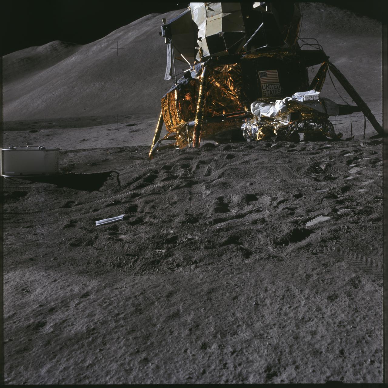 AS15-86-11600 (31 July 1971) --- A view of the Lunar Module (LM) "Falcon" taken early in the first Apollo 15 lunar surface extravehicular activity (EVA) at the Hadley-Apennine landing site prior to deployment of lunar surface equipment. Hadley Delta Mountain is in the background. While astronauts David R. Scott, commander and James B. Irwin, lunar module pilot, descended in the LM to explore the moon, astronaut Alfred M. Worden, command module pilot, remained with the Command and Service Modules (CSM) in lunar orbit.