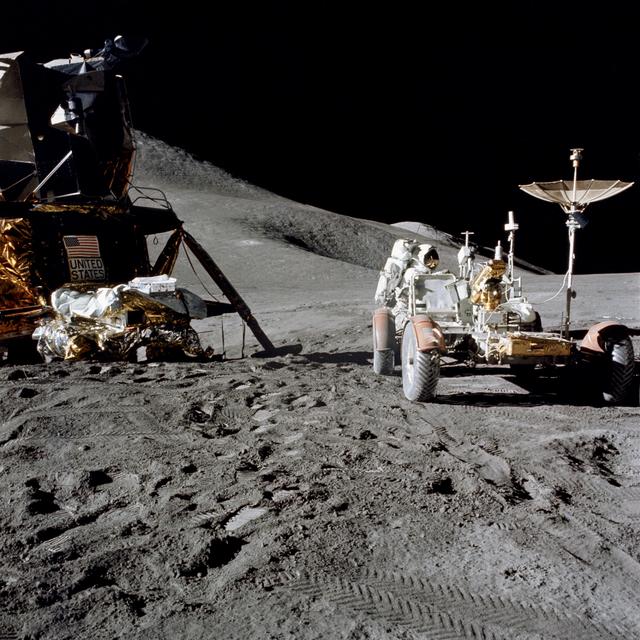 NASA image: Astronaut James Irwin works at Lunar Roving Vehicle during Apollo 15 EVA