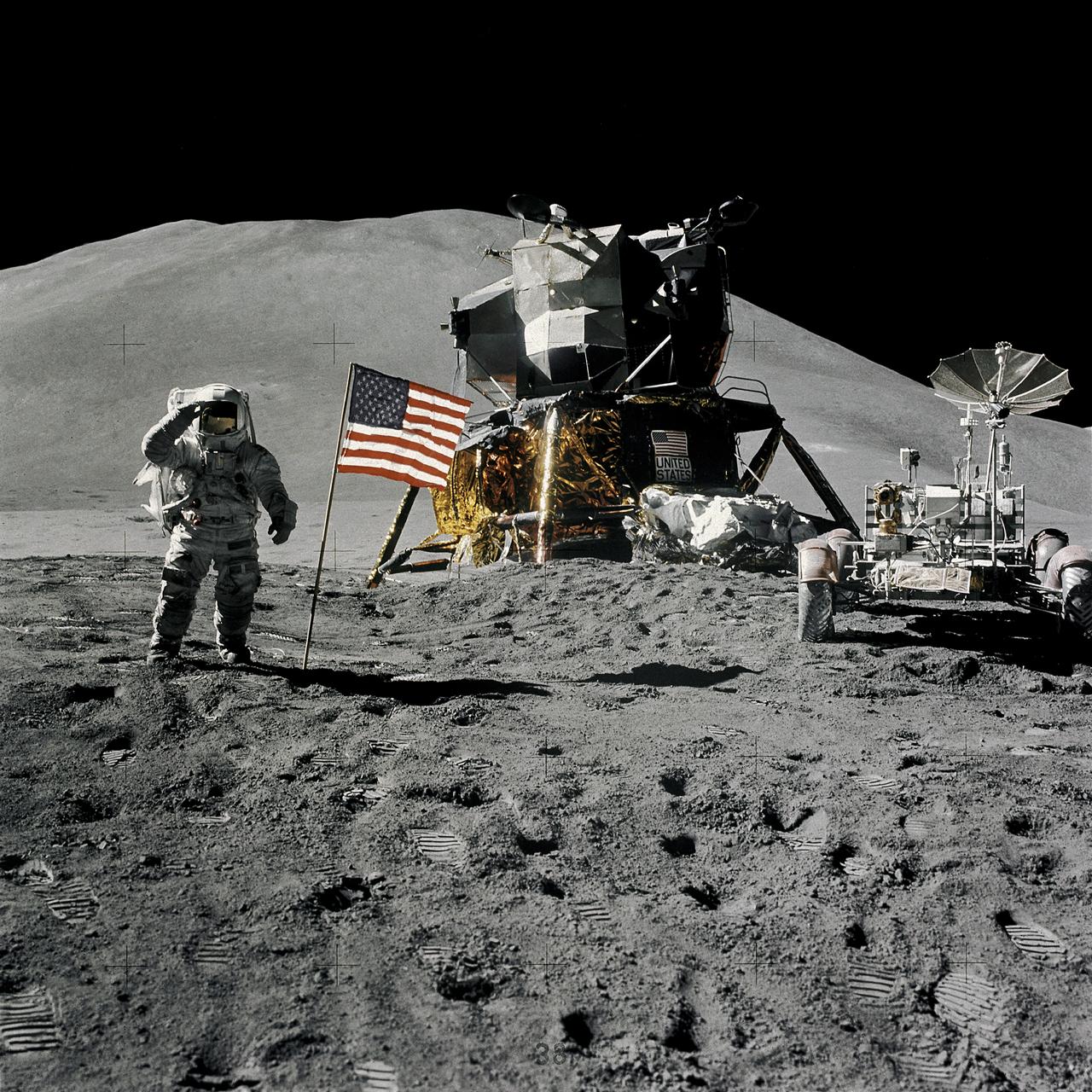 AS15-88-11866 (1 Aug. 1971) --- Astronaut James B. Irwin, lunar module pilot, gives a military salute while standing beside the deployed United States flag during the Apollo 15 lunar surface extravehicular activity (EVA) at the Hadley-Apennine landing site. The flag was deployed toward the end of EVA-2. The Lunar Module (LM) "Falcon" is in the center. On the right is the Lunar Roving Vehicle (LRV). This view is looking almost due south. Hadley Delta in the background rises approximately 4,000 meters (about 13,124 feet) above the plain. The base of the mountain is approximately 5 kilometers (about 3 statute miles) away. This photograph was taken by astronaut David R. Scott, Apollo 15 commander. While astronauts Scott and Irwin descended in the LM to explore the moon, astronaut Alfred M. Worden, command module pilot, remained with the Command and Service Modules (CSM) in lunar orbit.
