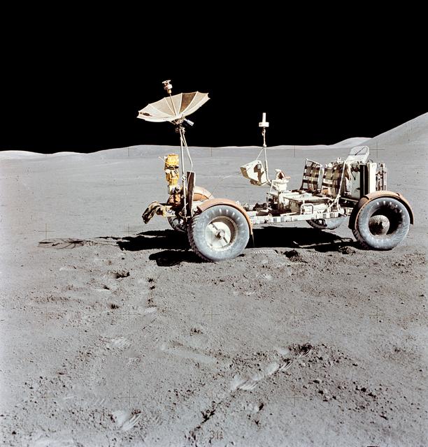NASA image: Lunar Roving Vehicle photographed against lunar background during EVA
