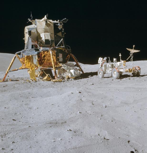 NASA image: View of the Lunar Module "Orion" and Lunar Roving Vehicle during first EVA
