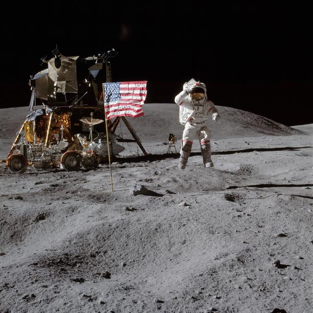 NASA image: Astronaut John Young leaps from lunar surface to salute flag