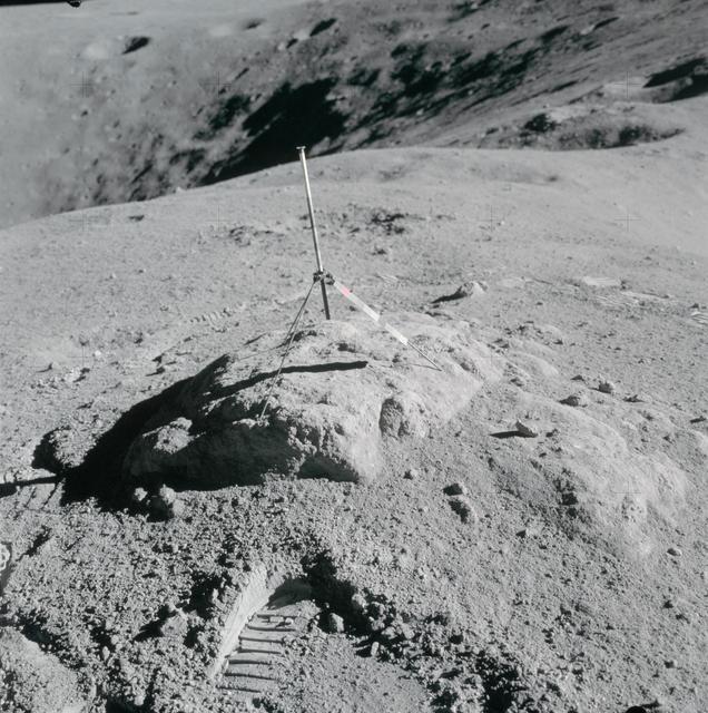 NASA image: Apollo 16 Mission image - View of Station 1 and Sample 353 Rock,368 Soil Trench