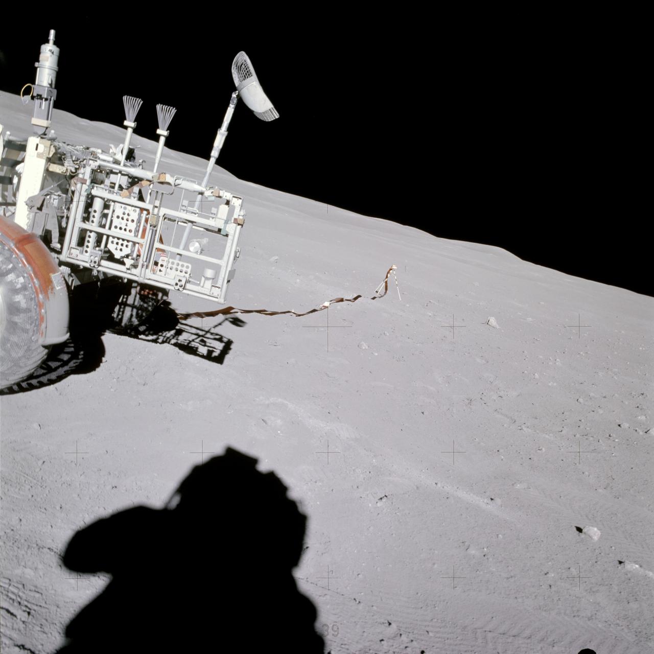 AS16-114-18433 (22 April 1972) --- View of the Lunar Portable Magnetometer mounted on the Lunar Roving Vehicle (LRV) which was parked at Station No. 2 on the Descartes lunar landing site. The Apollo 16 crew photographed it during their second extravehicular activity (EVA). Note the shadow of the astronaut taking the photograph in the left foreground.