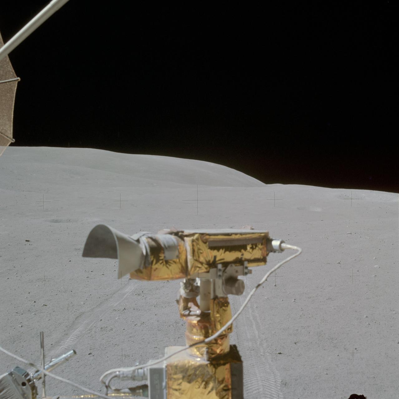 AS16-117-18754 (23 April 1972) --- A view of the smooth terrain in the general area of the North Ray Crater geological site, photographed by the Apollo 16 crew from the Lunar Roving Vehicle (LRV) shortly after leaving the immediate area of the geology site. The RCA color television camera is mounted on the front of the LRV and can be seen in the foreground, along with a small part of the high gain antenna, upper left. The tracks were made on the earlier trip to the North Ray Crater site. Astronaut Charles M. Duke Jr., lunar module pilot, exposed this view with his 70mm Hasselblad camera. Astronaut John W. Young, commander, said that this area was much smoother than the region around South Ray Crater. While astronauts Young and Duke descended in the Apollo 16 Lunar Module (LM) "Orion" to explore the Descartes highlands landing site on the moon, astronaut Thomas K. Mattingly II, command module pilot, remained with the Command and Service Modules (CSM) "Casper" in lunar orbit.