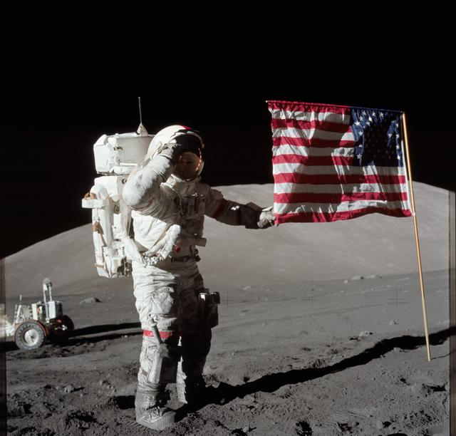 NASA image: Apollo 17 Mission image - station Lunar Module (LM),Flag,CDR,LRV