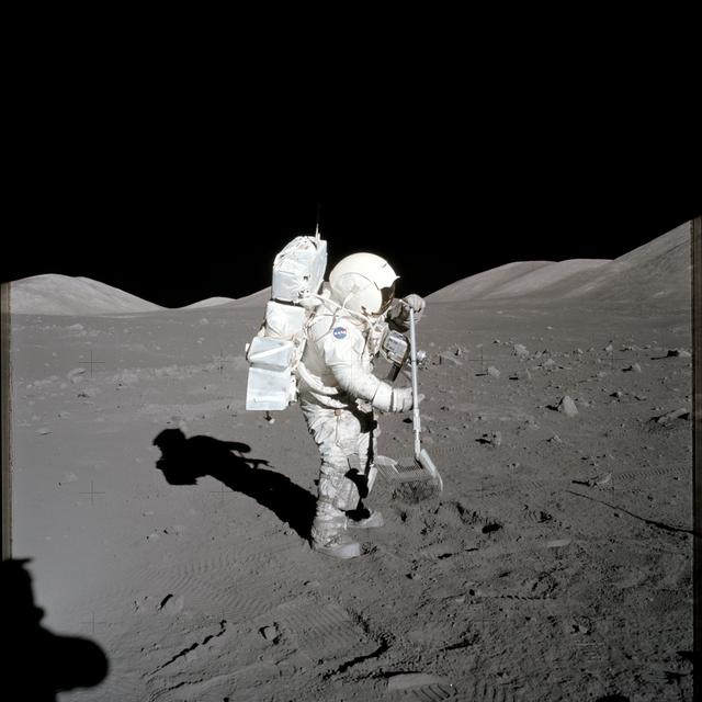 NASA image: Astronaut Harrison Schmitt collects lunar rake samples during EVA