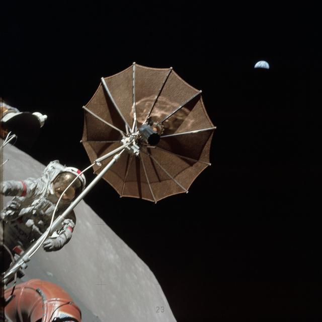 NASA image: View of Earth above the antenna of the lunar roving vehicle during EVA
