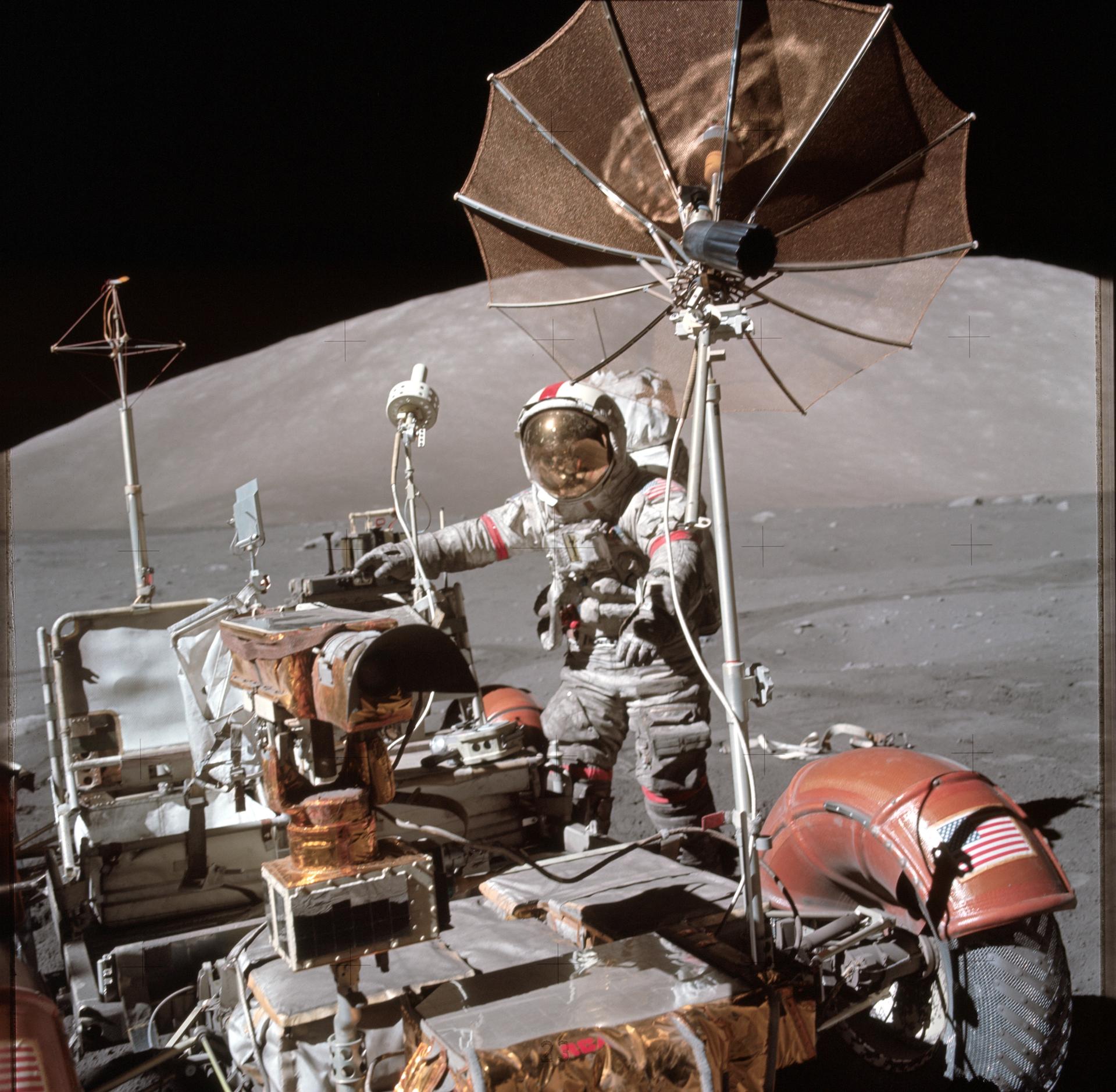 Apollo 17 astronaut Gene Cernan with the Lunar Roving Vehicle on the Moon