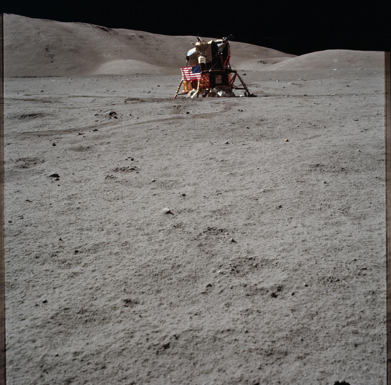 AS17-134-20513 (11 Dec. 1972) --- The Lunar Module (LM) is in the background of this view of the Taurus-Littrow landing site. This was one of the last photographs taken on the lunar surface. The Apollo 17 crewmembers were astronauts Eugene A. Cernan, commander; Ronald E. Evans, command and service module pilot; and Harrison H. Schmitt, lunar module pilot.