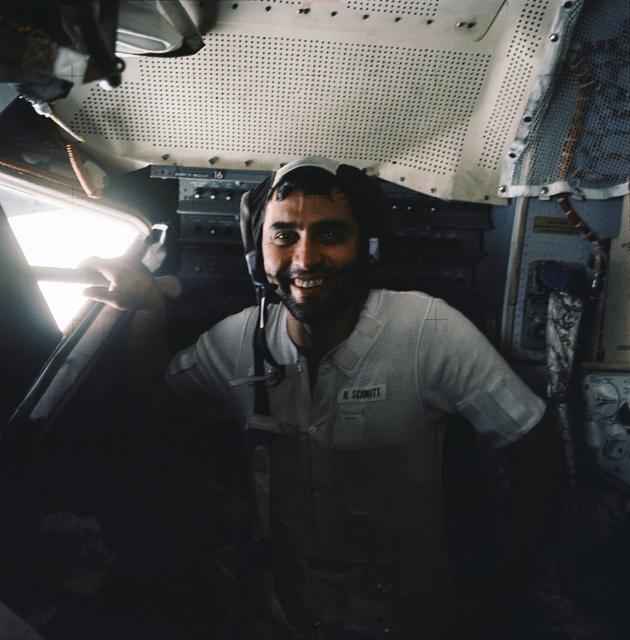 Astronaut Harrison Schmitt inside the lunar module on lunar surface after EVA