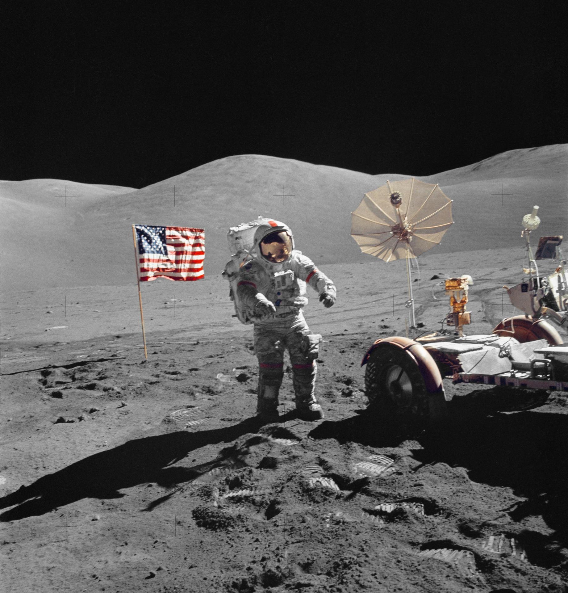 Astronaut Gene Cernan walks on the surface of the moon