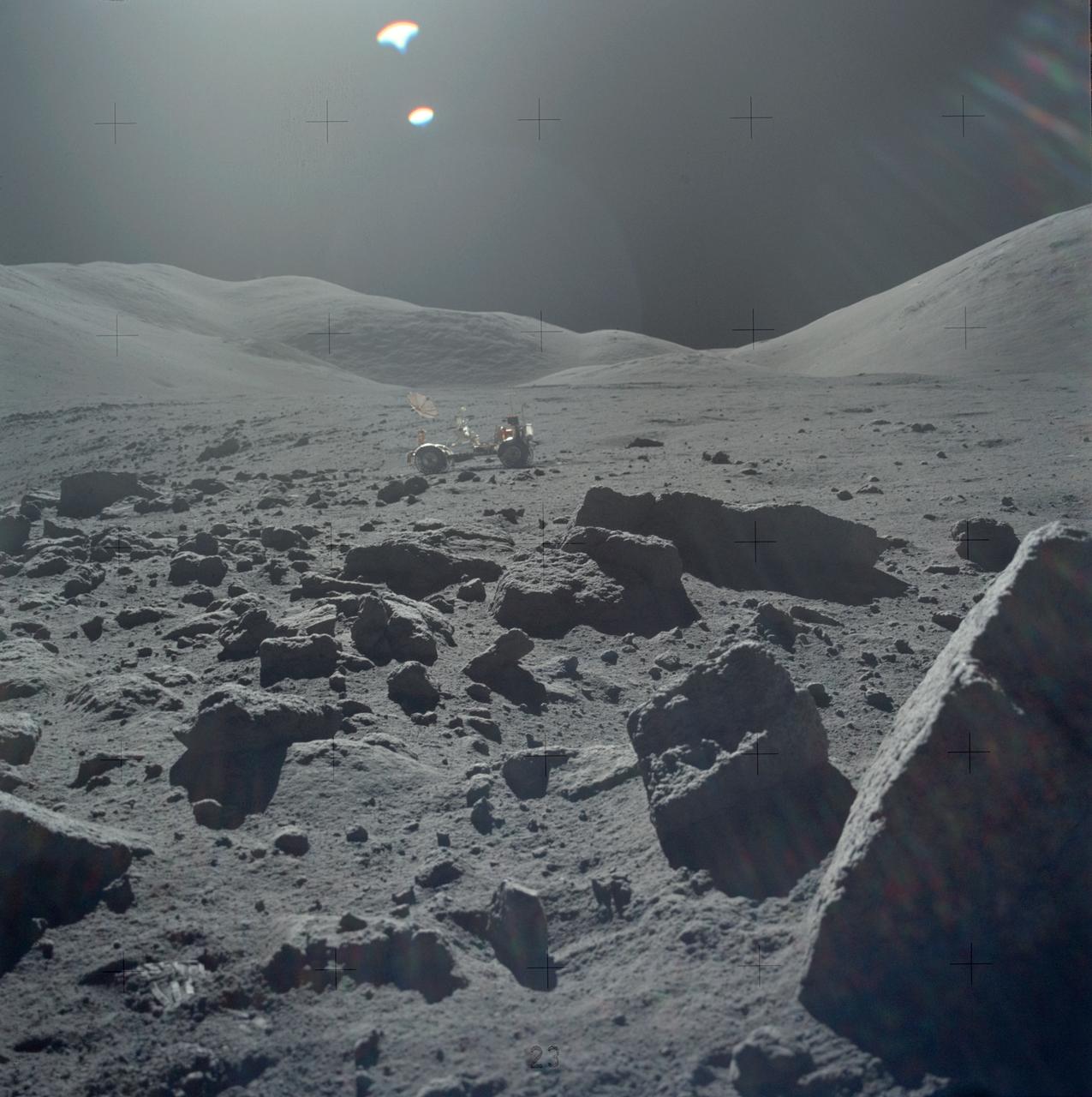 AS17-145-22162 (7-19 Dec. 1972) --- One of the Apollo 17 crew photographed this view during lunar surface extravehicular activities (EVA) at the Taurus-Littrow landing site. The Lunar Rover Vehicle (LRV), which was used extensively by astronauts Eugene A. Cernan and Harrison H. Schmitt, is visible in the background.