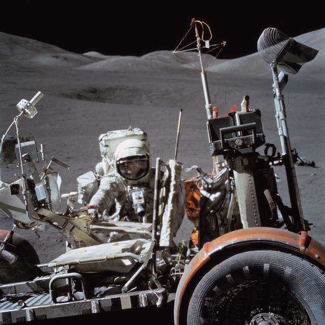 NASA image: Apollo 17,Lunar Roving Vehicle and Astronaut Harrison Schmitt during EVA 3