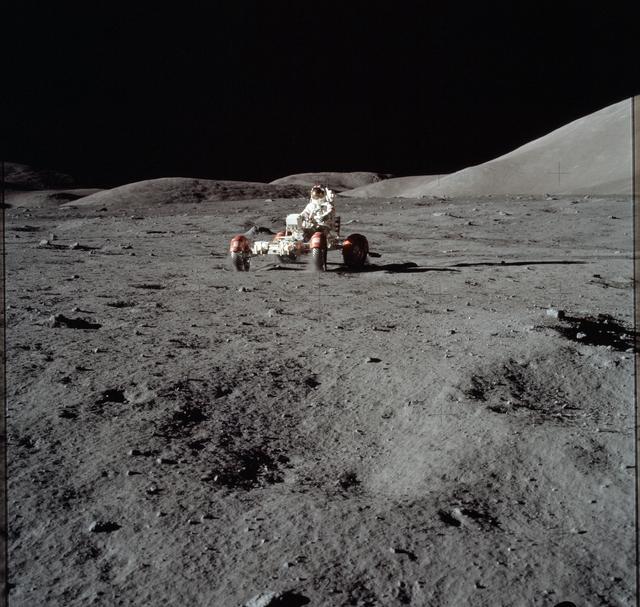 NASA image: Astronaut Eugene Cernan drives the Lunar Roving Vehicle during first EVA