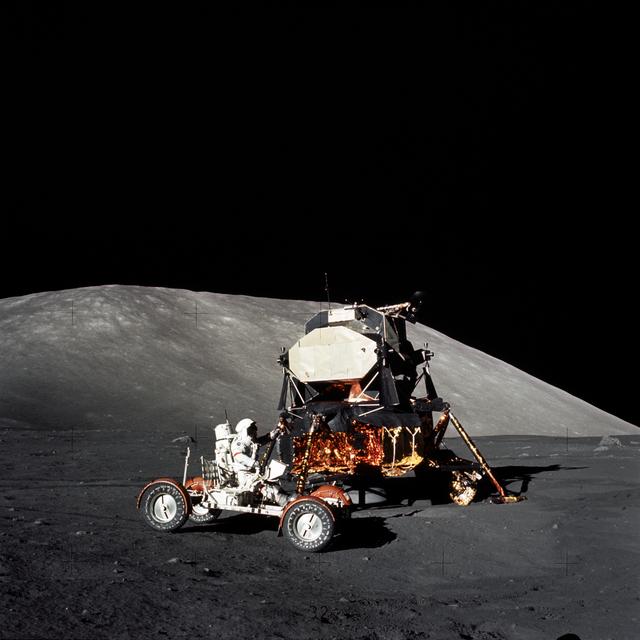 NASA image: Astronaut Eugene Cernan drives the Lunar Roving Vehicle during first EVA