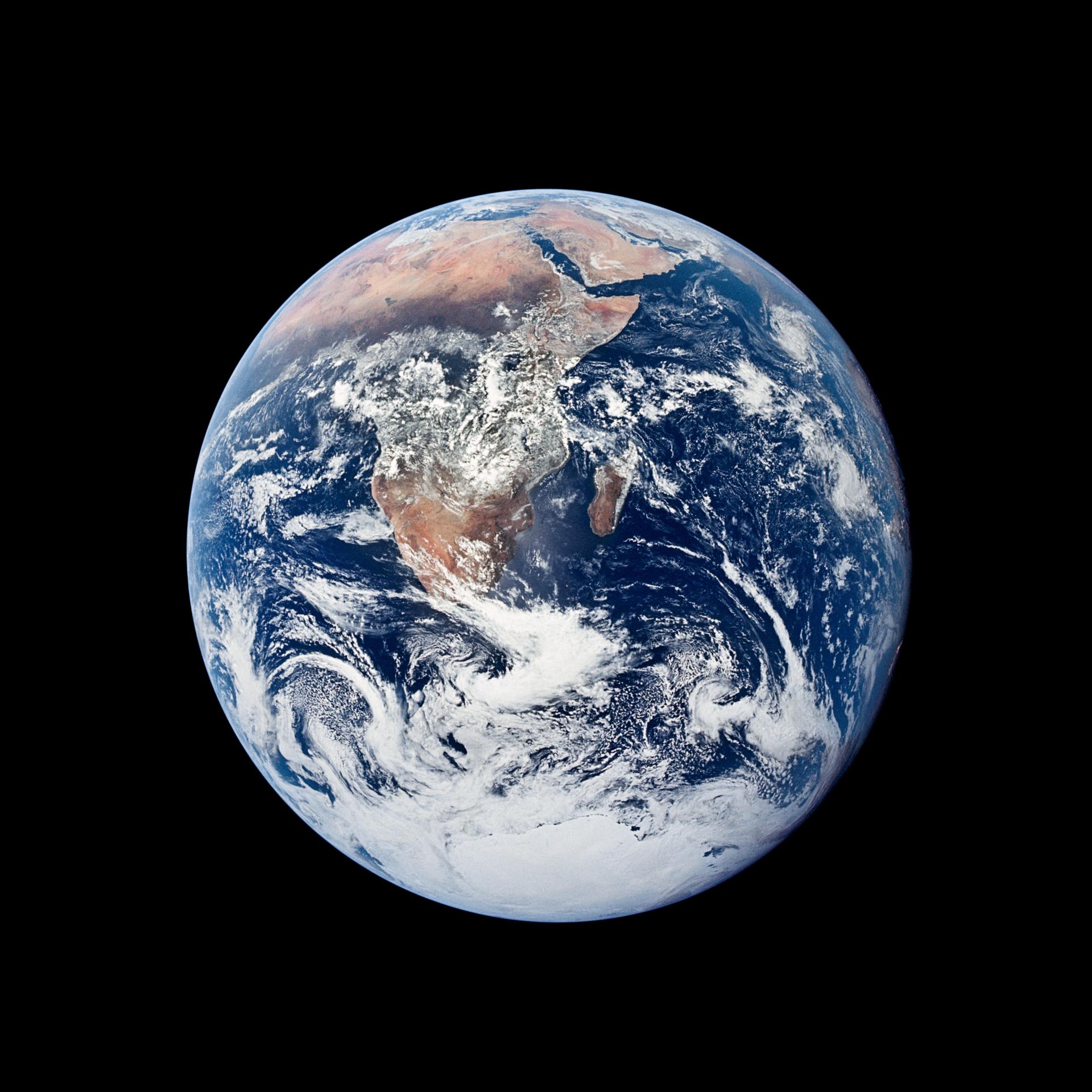 Blue marble photo of the whole Earth taken by Harrison Schmitt on his way to the Moon.