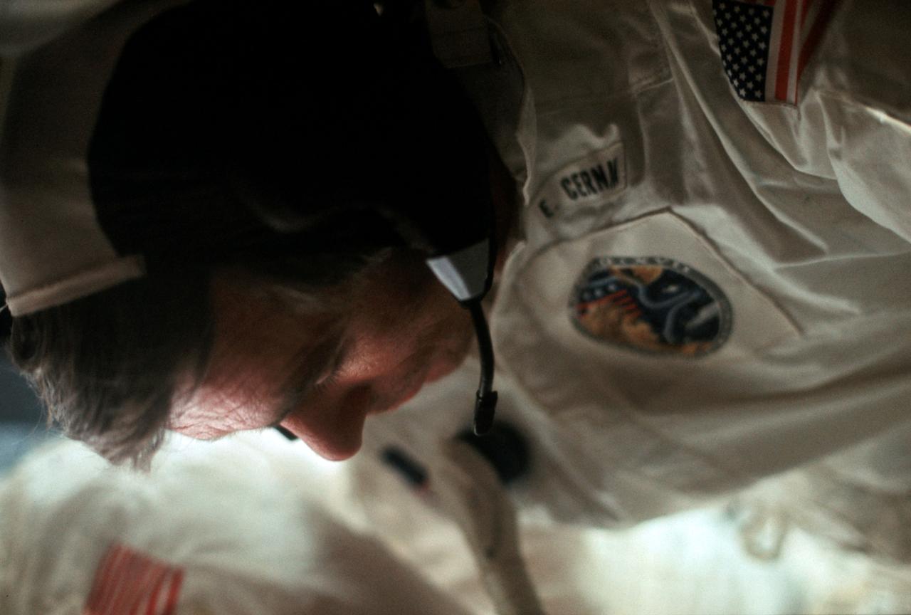 AS17-162-24050 (7-19 Dec. 1972) --- Astronaut Eugene A. Cernan appears to be relaxing in this candid photograph taken by a fellow crewman aboard the Apollo 17 spacecraft during the final lunar landing mission in NASA's Apollo program. Also, aboard Apollo 17 were astronaut Ronald E. Evans, command module pilot, and scientist-astronaut Harrison H. "Jack" Schmitt, lunar module pilot. Cernan was the mission commander.