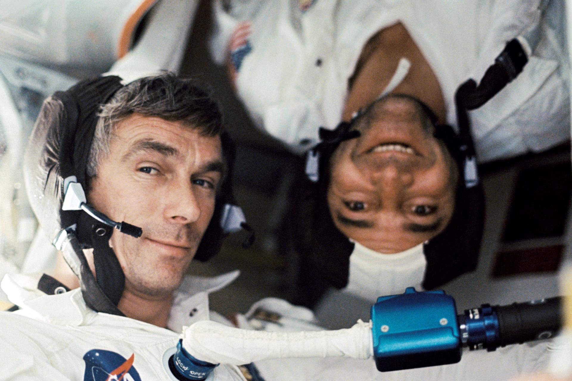 Astronauts Eugene Cernan and Ron Evans onboard the Apollo 17 spacecraft