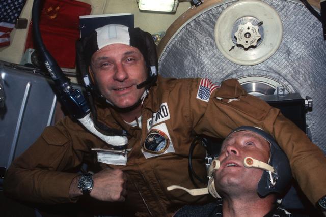 NASA image: Astronaut Stafford and Cosmonaut Leonov together in Soyuz Orbital Module