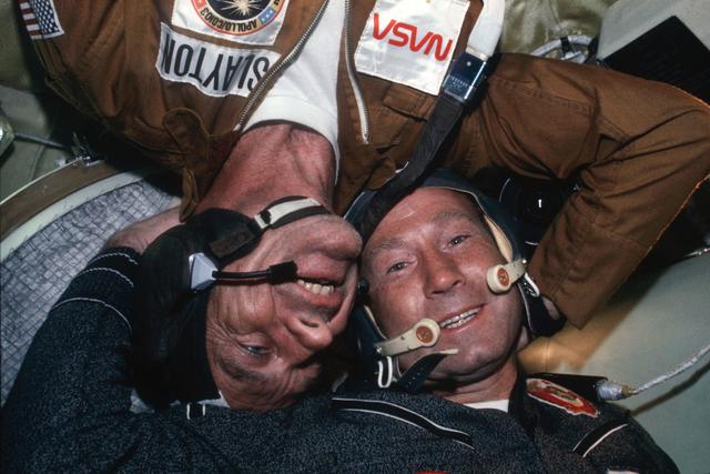 NASA image: Astronaut Stafford and Cosmonaut Leonov together in Soyuz Orbital Module