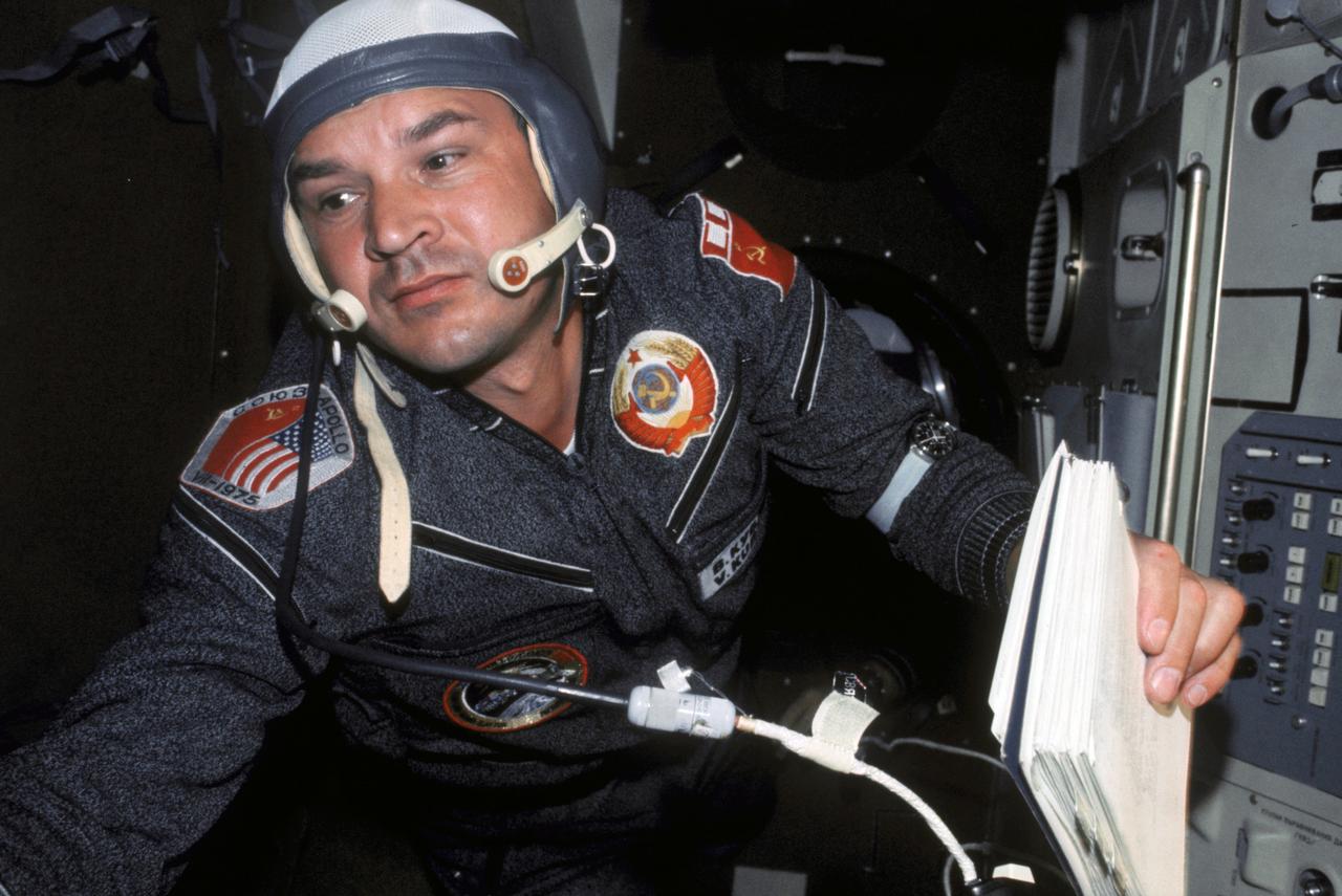 AST-05-305 (17-19 July 1975) --- Cosmonaut Valeriy N. Kubasov, engineer on the Soviet crew, is photographed in the Soyuz Orbital Module during the joint U.S.-USSR Apollo-Soyuz Test Project docking mission in Earth orbit. This picture was taken with a 35mm camera.