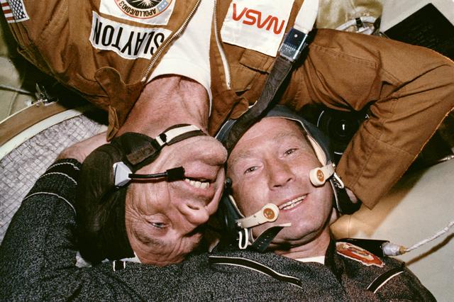 NASA image: Astronaut Stafford and Cosmonaut Leonov together in Soyuz Orbital Module
