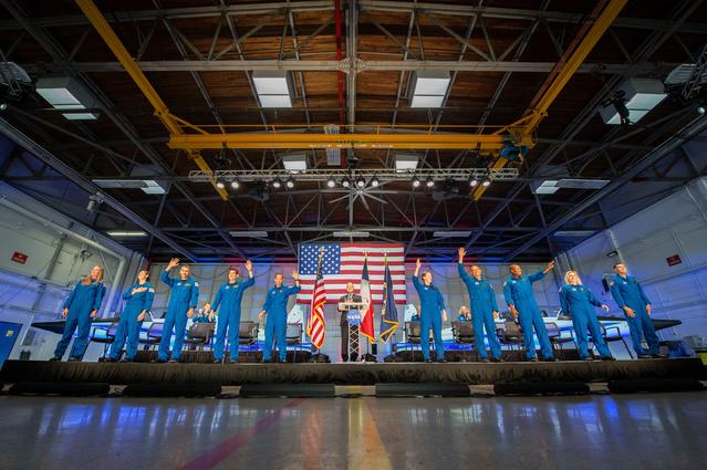 NASA image: NASA announced its 2021 astronaut candidate class on Dec. 6, 2021. The 10 candidates, pictured here in an event at Ellington Field near NASAâ€™s Johnson Space Center in Houston are Nichole Ayers, Christopher Williams, Luke Delaney, Jessica Wittner, Anil M