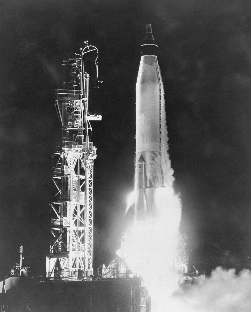 B59-00557 (9 Sept. 1959) --- U.S. Air Force photo of Big Joe launch vehicle after launching at Cape Canaveral, Florida, for a suborbital test of the Mercury capsule. The capsule was recovered successfully after the reentry test. Photo credit: NASA