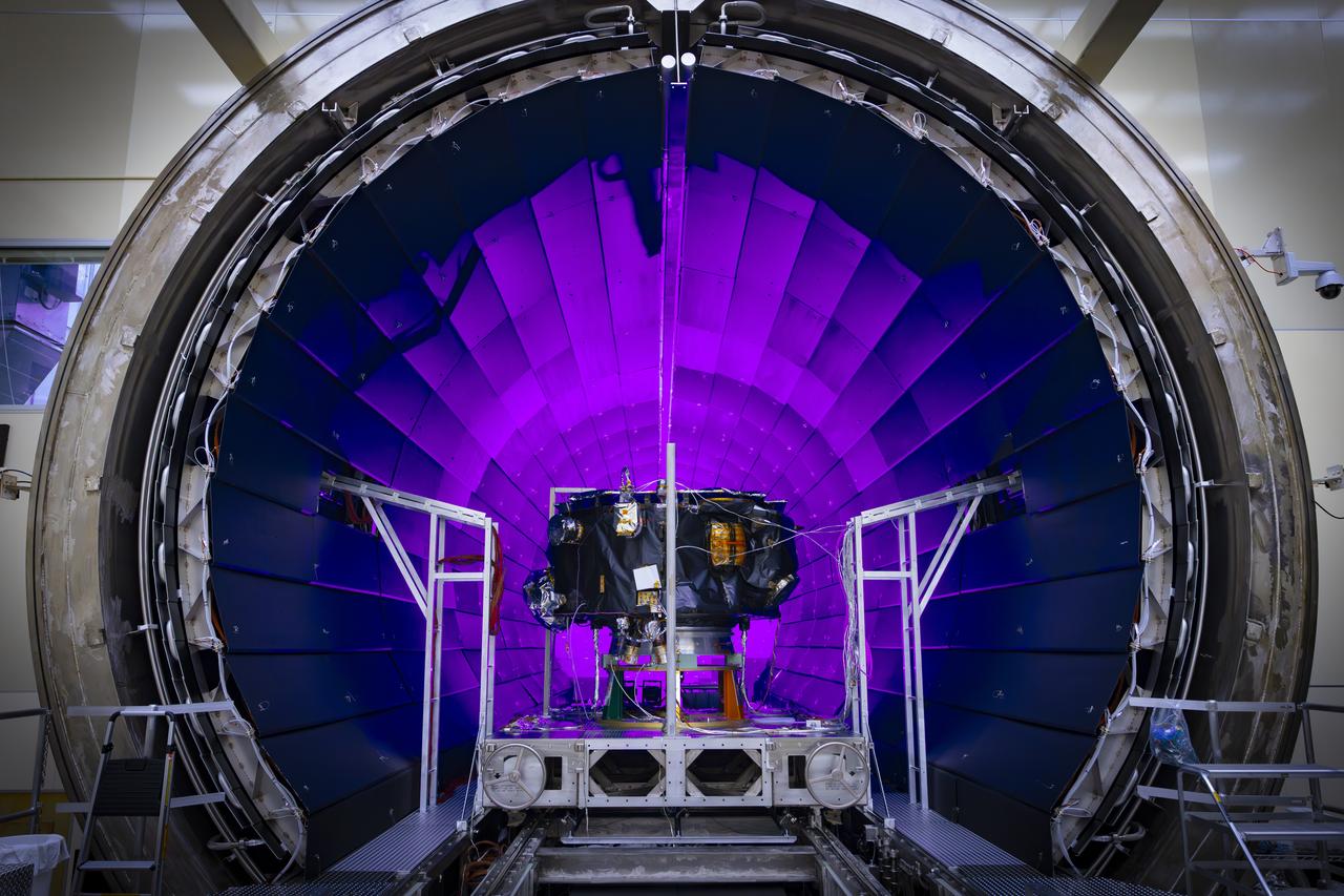 These photos and timelapse show NASA’s IMAP mission being loaded into the thermal vacuum chamber of NASA Marshall Space Flight Center’s X-Ray and Cryogenic Facility (XRCF) in Huntsville, Alabama. IMAP arrived at Marshall March 18 and was loaded into the chamber March 19. IMAP will undergo testing such as dramatic temperature changes to simulate the harsh environment of space. The XRCF’s vacuum chamber is is 20 feet in diameter and 60 feet long making it one of the largest across NASA. The IMAP mission is a modern-day celestial cartographer that will map the solar system by studying the heliosphere, a giant bubble created by the Sun’s solar wind that surrounds our solar system and protects it from harmful interstellar radiation. Photos and video courtesy of Ed Whitman from Johns Hopkins University’s Applied Physics Laboratory. For more information, contact NASA Marshall’s Office of Communications at 256-544-0034.