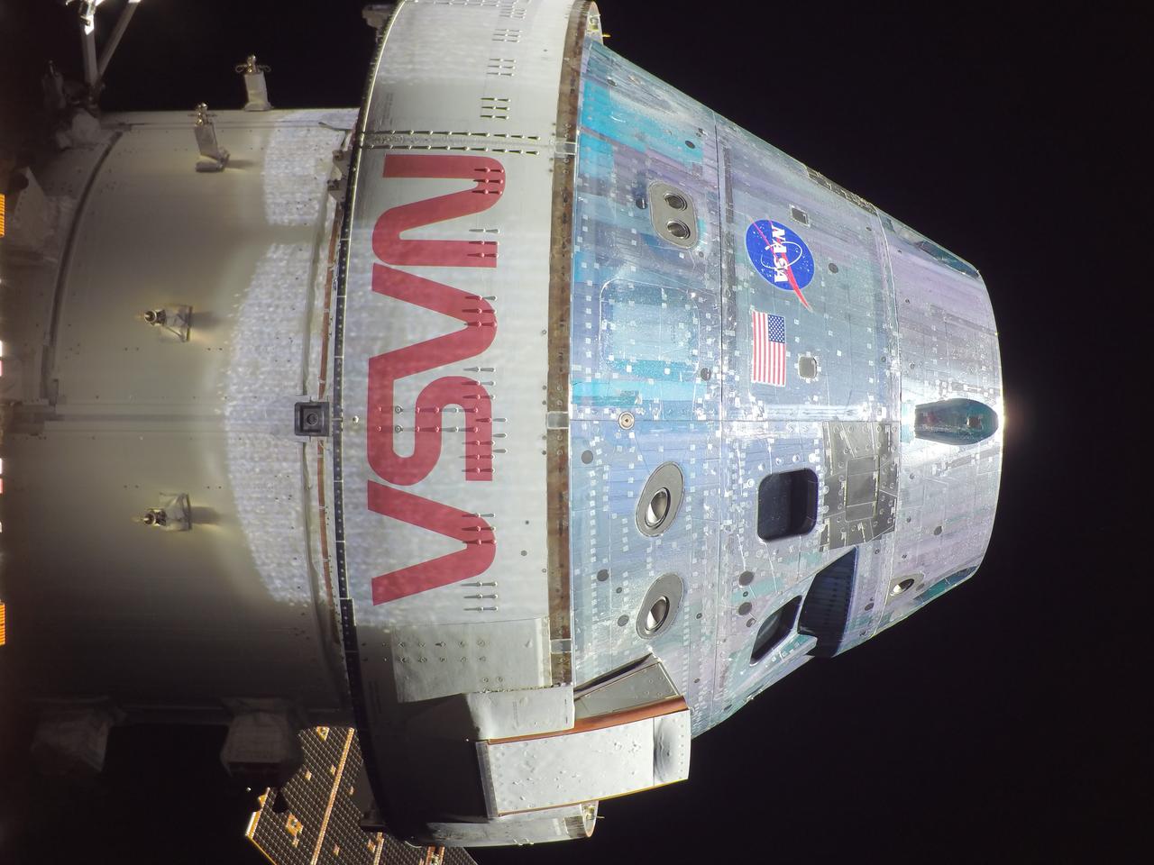 Orion snapped this high-resolution selfie in space with a camera mounted on its solar array wing during a routine external inspection of the spacecraft on the third day into the Artemis I mission.