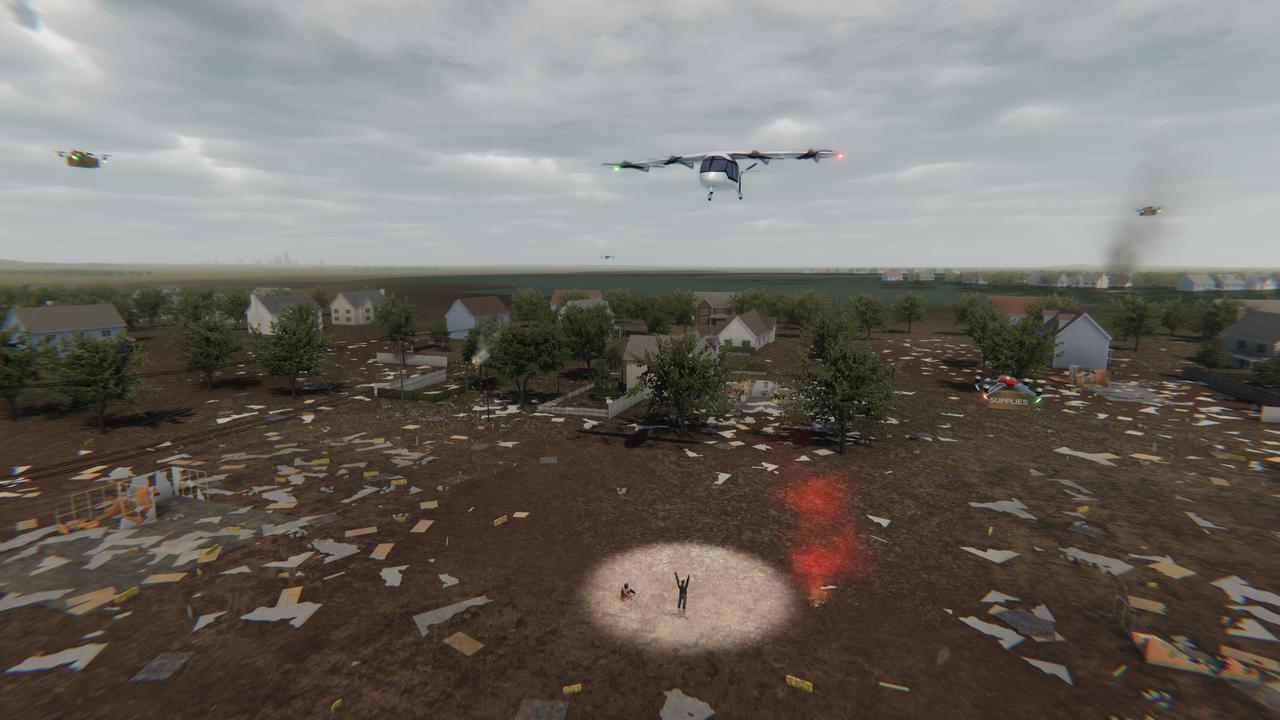 Several projects under NASA's Advanced Air Mobility or AAM mission are working on different elements to help make AAM a reality in emergency operations. This concept graphic shows how a future AAM vehicle could aid in disaster response.