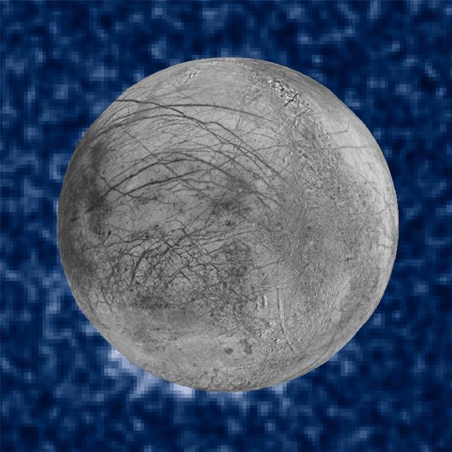 This composite image shows suspected plumes of water vapor erupting at the 7 o’clock position off the limb of Jupiter’s moon Europa. The plumes, photographed by NASA’s Hubble’s Space Telescope Imaging Spectrograph, were seen in silhouette as the moon passed in front of Jupiter. Hubble’s ultraviolet sensitivity allowed for the features -- rising over 100 miles (160 kilometers) above Europa’s icy surface -- to be discerned. The water is believed to come from a subsurface ocean on Europa. The Hubble data were taken on January 26, 2014. The image of Europa, superimposed on the Hubble data, is assembled from data from the Galileo and Voyager missions.