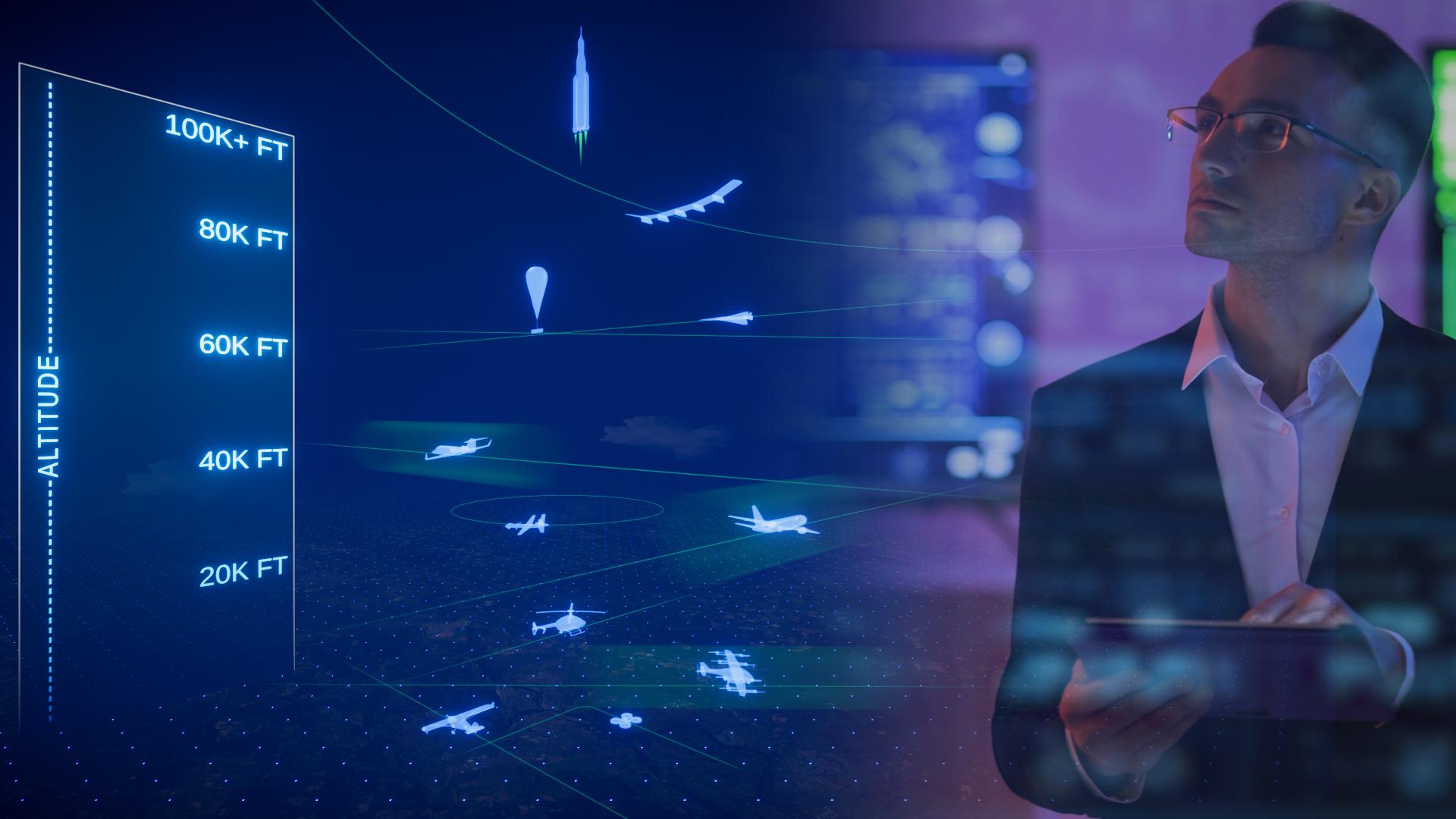 Image concept of a person looking at a digital screen showing various aircraft (such as a biplane, drone, passenger unmanned vehicle, helicopter, commercial aircraft, commercial jet, weather balloon, supersonic aircraft, remote piloted aircraft and rockets in the different altitudes of the sky. The altitude ranges from 20,000 feet to 100,000+ feet.