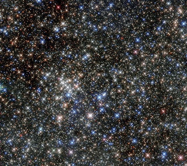 Although this cluster of stars gained its name due to its five brightest stars, it is home to hundreds more. The huge number of massive young stars in the cluster is clearly captured in this NASA/ESA Hubble Space Telescope image. The cluster is located close to the Arches Cluster and is just 100 light-years from the centre of our galaxy. The cluster’s proximity to the dust at the centre of the galaxy means that much of its visible light is blocked, which helped to keep the cluster unknown until its discovery in 1990, when it was revealed by observations in the infrared. Infrared images of the cluster, like the one shown here, allow us to see through the obscuring dust to the hot stars in the cluster. The Quintuplet Cluster hosts two extremely rare luminous blue variable stars: the Pistol Star and the lesser known V4650 Sgr. If you were to draw a line horizontally through the centre of this image from left to right, you could see the Pistol Star hovering just above the line about one third of the way along it. The Pistol Star is one of the most luminous known stars in the Milky Way and takes its name from the shape of the Pistol Nebula that it illuminates, but which is not visible in this infrared image. The exact age and future of the Pistol Star are uncertain, but it is expected to end in a supernova or even a hypernova in one to three million years. The cluster also contains a number of red supergiants. These stars are among the largest in the galaxy and are burning their fuel at an incredible speed, meaning they will have a very short lifetime. Their presence suggests an average cluster age of nearly four million years. At the moment these stars are on the verge of exploding as supernovae. During their spectacular deaths they will release vast amounts of energy which, in turn, will heat the material — dust and gas — between the other stars. This observation shows the Quintuplet Cluster in the infrared and demonstrates the leap in Hubble’s performance sinc