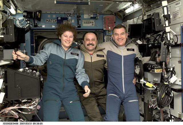 NASA image: Expedition Two crewmembers pose in Destiny Laboratory module